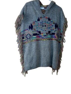 Freeway Womens Hooded Fringed Poncho Sweater Western Boho Aztec S